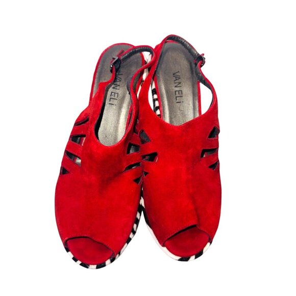 Vaneli Red Suede Open-Toe Zebra Wedge Heel Sandals Cut-Out 8 Glam City Mob wife - Picture 8 of 10
